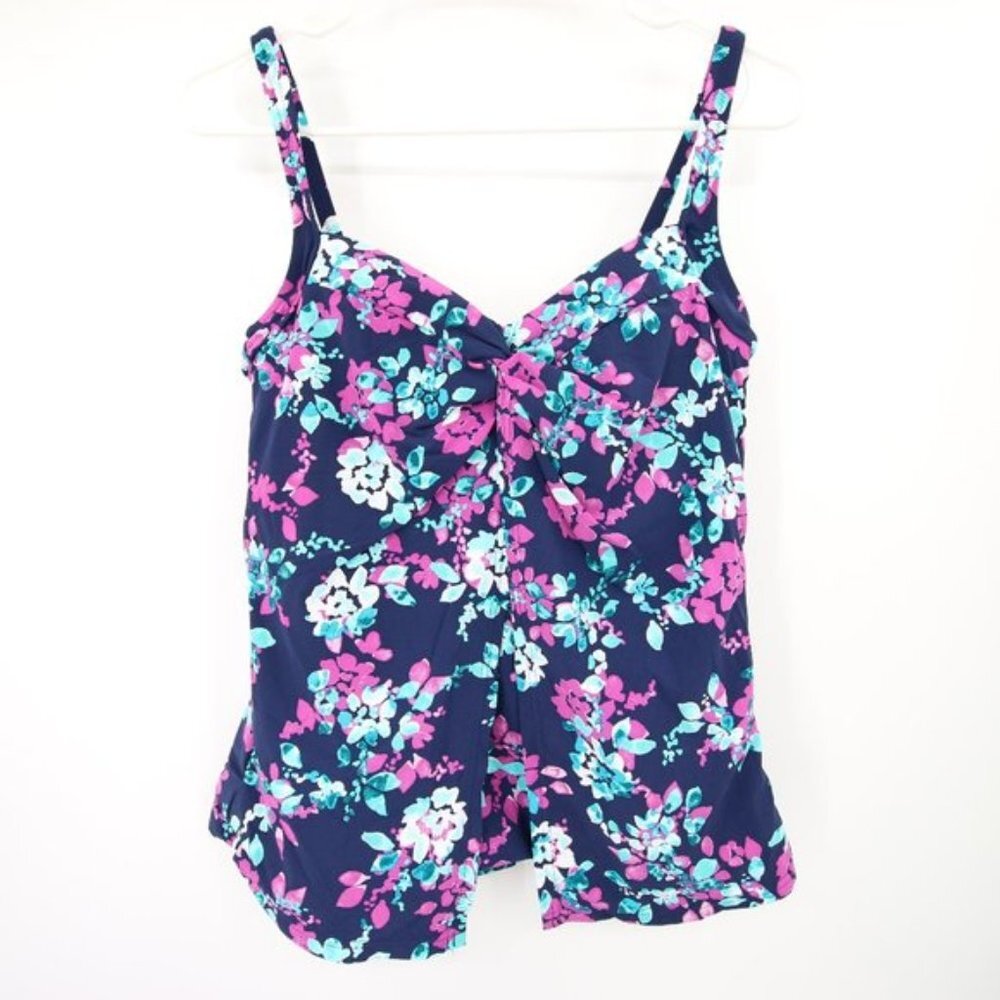 Lands' End Navy Floral Tankini Top with Pink & Aqua Flowers